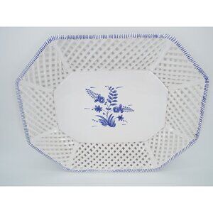 Vintage Hand Painted Blue and White Floral Platter Reticulated Lattice Portugal